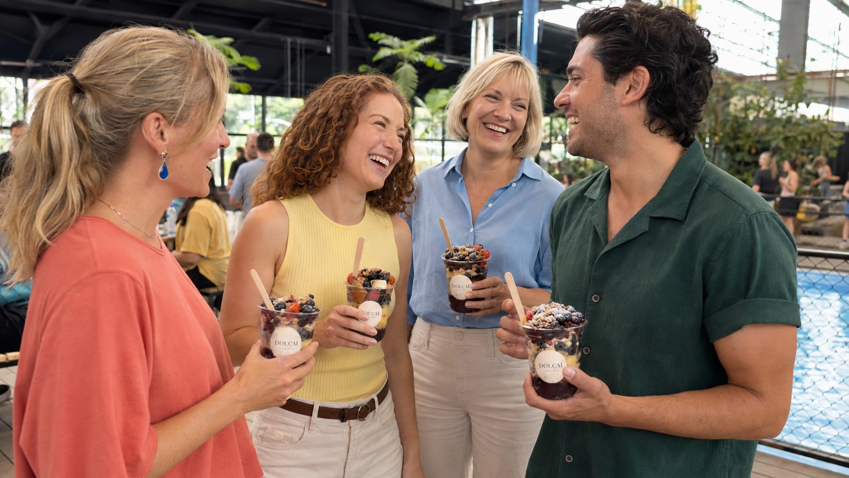 Gäste mit Açaí bei einer Veranstaltung am Indoor-Pool