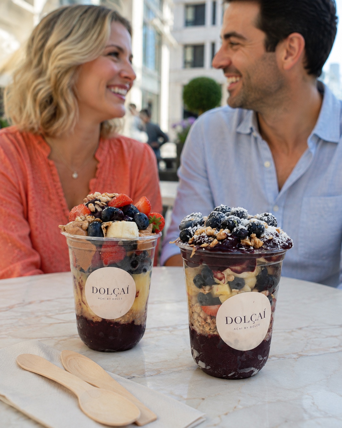 Zwei Dolçaí-Becher mit Açaí, Früchten, Granola und runden Markenetiketten