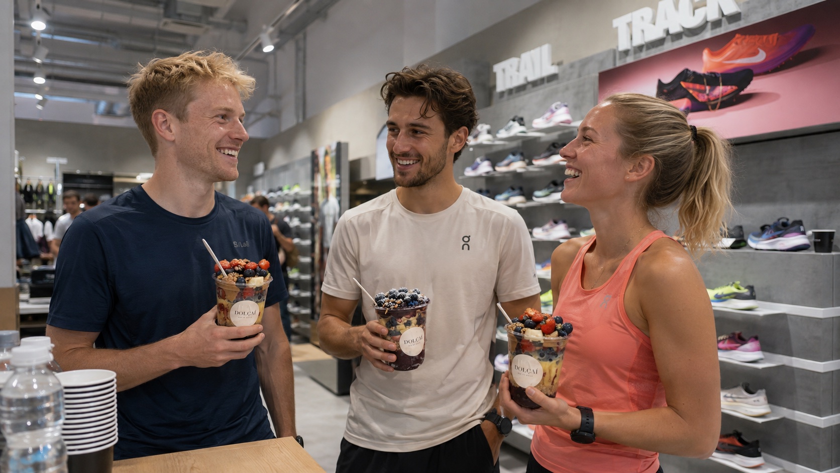 Laufgruppe mit Dolçaí-Bechern in einem Laufsportgeschäft