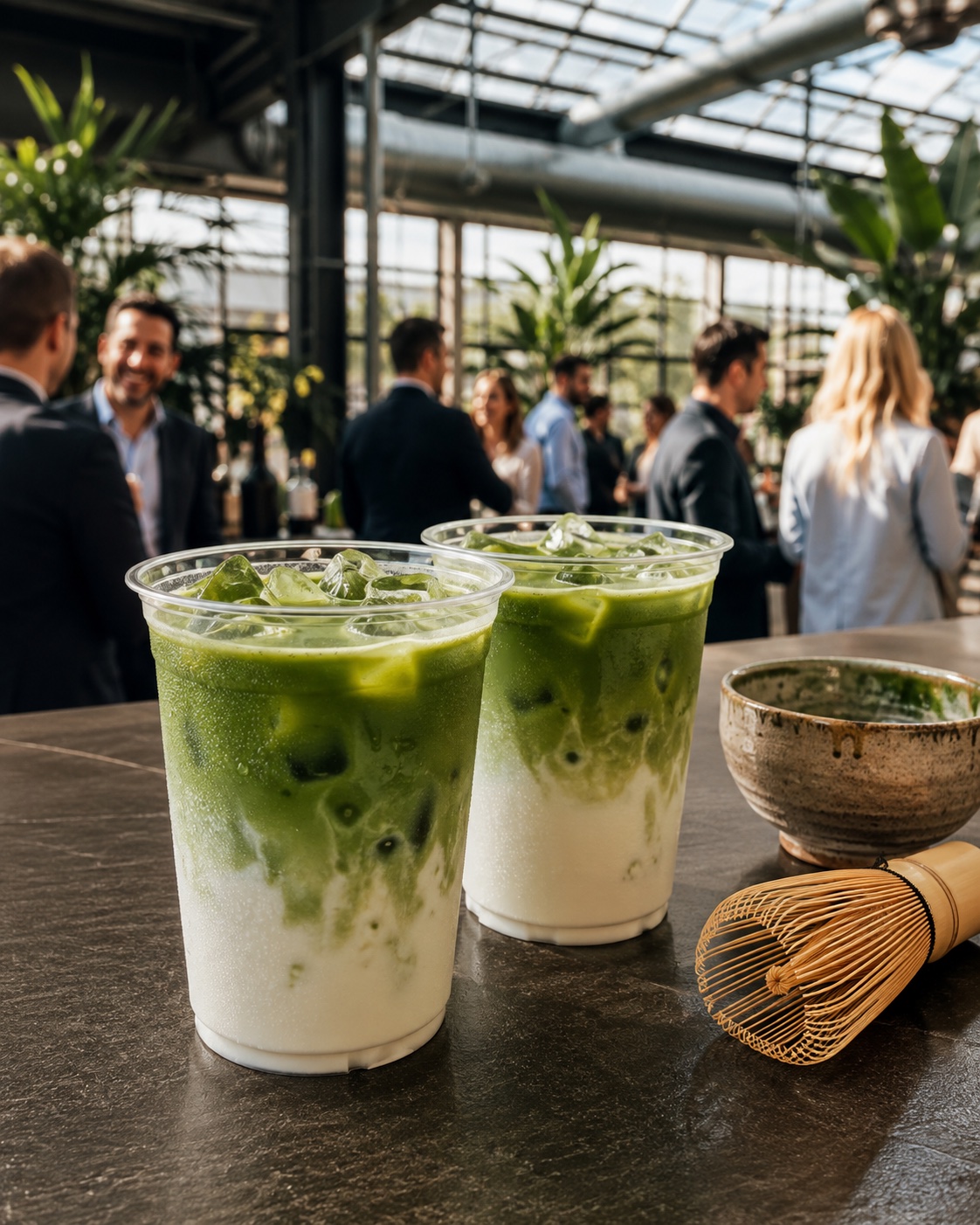 Zwei eisgekühlte Matcha Lattes mit sichtbaren Milch- und Matchaschichten