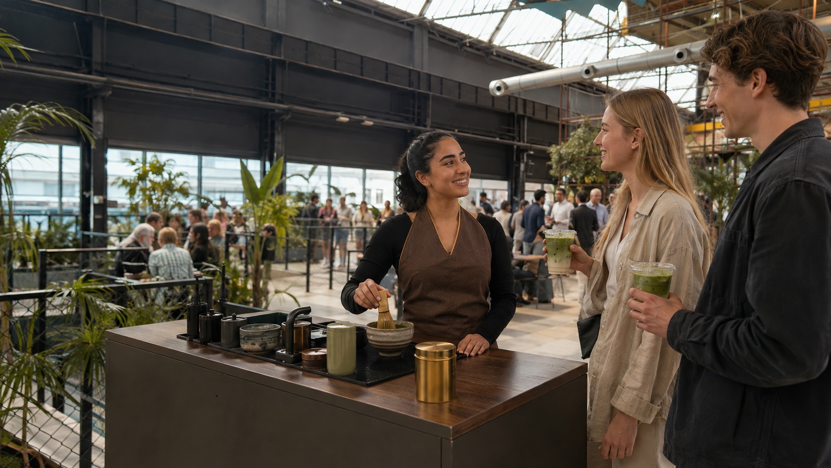Mitarbeiterin bereitet Matcha für lächelnde Gäste an einer Eventbar zu